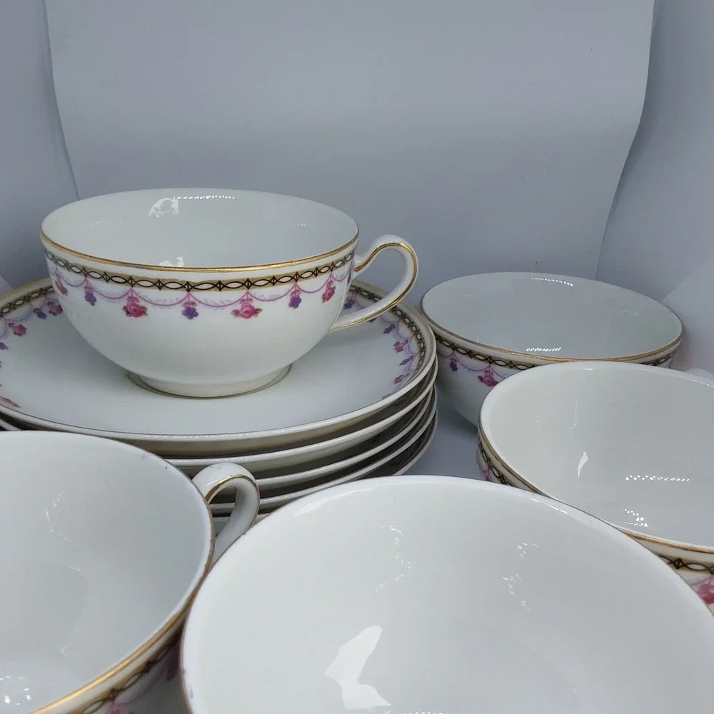 Heinrich‎ H&C  Set Of 5 Pink Roses Gray Laurel Cup & Saucer Sets